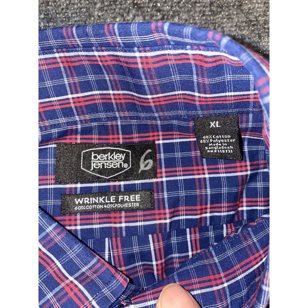 Berkley Jensey Shirt Mens XL Blue Plaid Wrinkle Free Cotton Collared Button Down - Picture 3 of 5